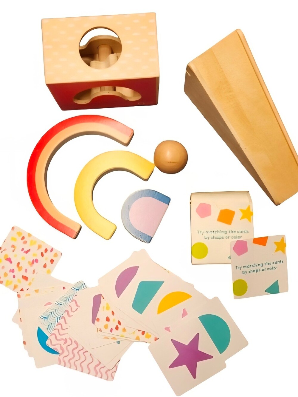 KiwiCo Panda Crate Wooden Montessori Rainbow Toys, Ramp, & Shape Matching Cards